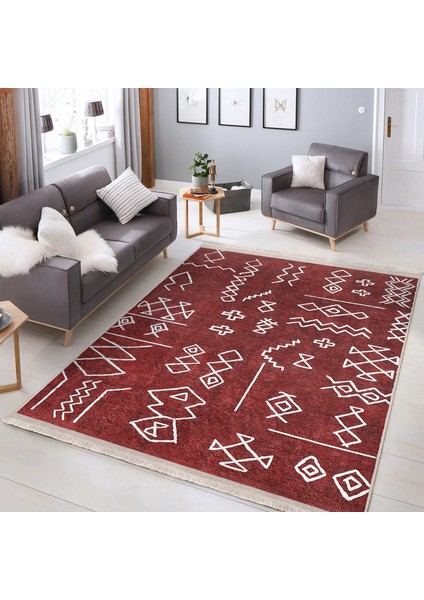 Kırmızı Zeminde Etnik Motifli Tribal Desenli Etnik Motifler Geometrik Dijital Baskılı Makinede Yıkanabilir Kaymaz Taban Saçaklı Halı modelleri