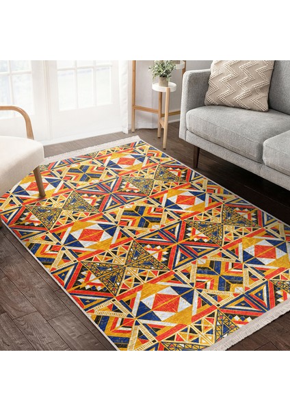 Lacivert - Hardal Zeminde Etnik Motifli Tribal Desenli Geometrik Etnik Motifler Dijital Baskılı Makinede Yıkanabilir Kaymaz Taban Saçaklı Halı