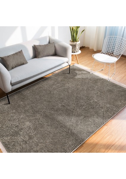 Kahve Zeminde Geometrik Motifli Örgü Desenli Eskitme Motifli Geometrik Dijital Baskılı Makinede Yıkanabilir Kaymaz Taban Saçaklı Halı fiyatları