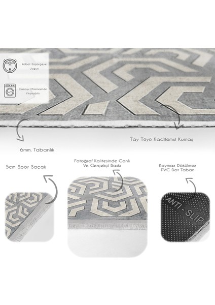 Gri Zeminde Geometrik Motifli Klasik Desenli Geometrik Klasik Dijital Baskılı Makinede Yıkanabilir Kaymaz Taban Saçaklı Halı