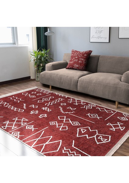 Kırmızı Zeminde Etnik Motifli Tribal Desenli Etnik Motifler Geometrik Dijital Baskılı Makinede Yıkanabilir Kaymaz Taban Saçaklı Halı