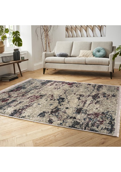 Krem - Bordo Zeminde Eskitme Motifli Kilim Desenli Eskitme Motifli Dijital Baskılı Makinede Yıkanabilir Kaymaz Taban Saçaklı Halı