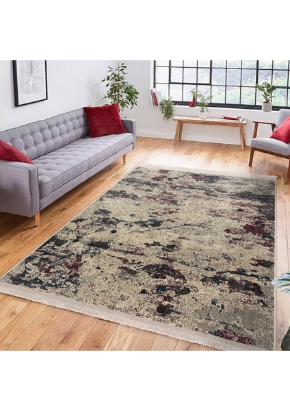 Krem - Bordo Zeminde Eskitme Motifli Kilim Desenli Eskitme Motifli Dijital Baskılı Makinede Yıkanabilir Kaymaz Taban Saçaklı Halı indirimleri
