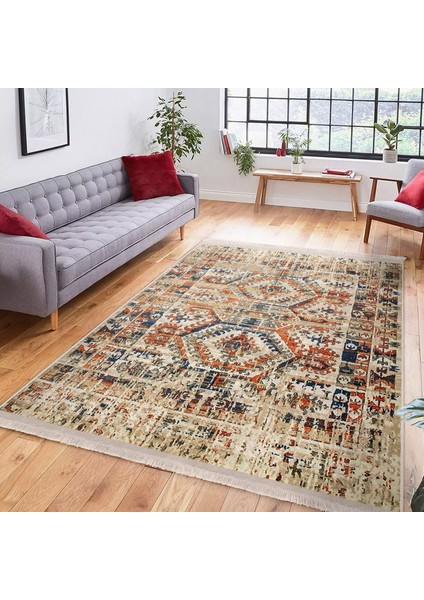 Krem Zeminde Osmanlı Motifli Kilim Desenli Etnik Motifler Eskitme Motifli Salon & Oturma Odası Koridor & Antre Dijital Baskılı Makinede Yıkanabilir Kaymaz Taban Saçaklı Halı indirimleri