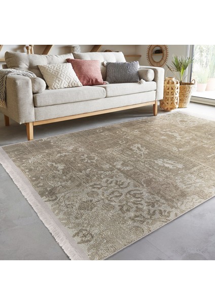 Bej Zeminde Patchwork Motifli Çiçek Desenli Eskitme Motifli Vintage Dijital Baskılı Makinede Yıkanabilir Kaymaz Taban Saçaklı Halı indirimleri