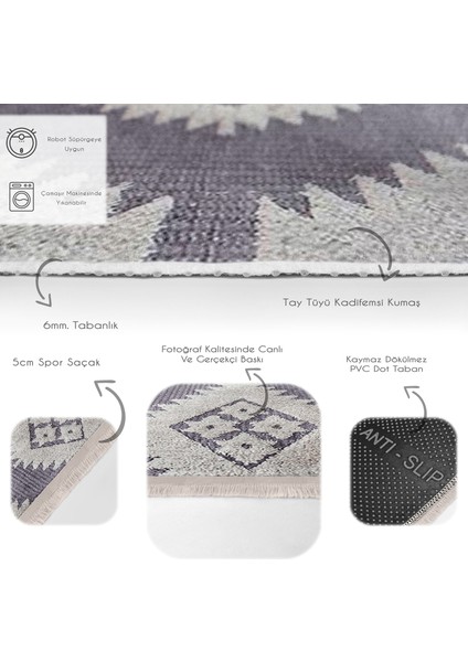 Gri Zeminde Baklava Motifli Kilim Desenli Bohem Dijital Baskılı Makinede Yıkanabilir Kaymaz Taban Saçaklı Halı fırsatları