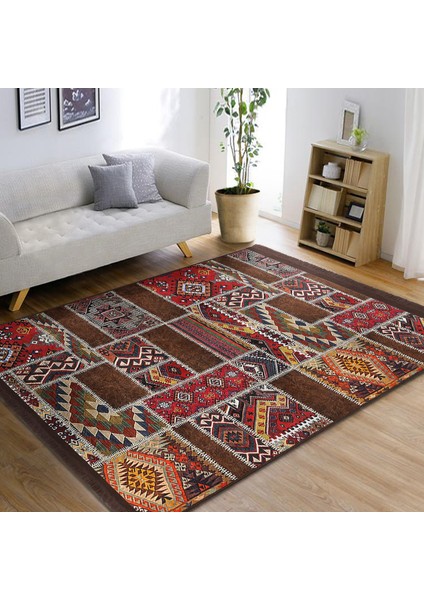 Kırmızı Zeminde Patchwork Motifli Etnik Desenli Etnik Motifler Vintage Dijital Baskılı Makinede Yıkanabilir Kaymaz Taban Saçaklı Halı fiyatları