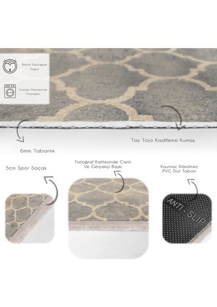 Krem Zeminde Morrocan Motifli Otantik Desenli Geometrik Eskitme Motifli Dijital Baskılı Makinede Yıkanabilir Kaymaz Taban Saçaklı Halı