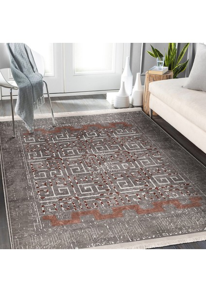 Kahverengi Zeminde Antik Motifli Dokuma Desenli Geometrik Eskitme Motifli Dijital Baskılı Makinede Yıkanabilir Kaymaz Taban Saçaklı Halı