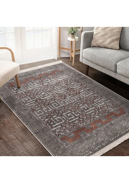 Kahverengi Zeminde Antik Motifli Dokuma Desenli Geometrik Eskitme Motifli Dijital Baskılı Makinede Yıkanabilir Kaymaz Taban Saçaklı Halı modelleri