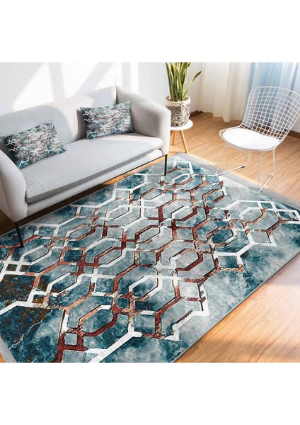 Mavi - Kırmızı Zeminde Kanvas Motifli Geometrik Desenli Modern Geometrik Dijital Baskılı Makinede Yıkanabilir Kaymaz Taban Saçaklı Halı