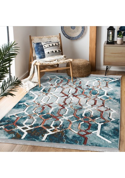 Mavi - Kırmızı Zeminde Kanvas Motifli Geometrik Desenli Modern Geometrik Dijital Baskılı Makinede Yıkanabilir Kaymaz Taban Saçaklı Halı fiyatları