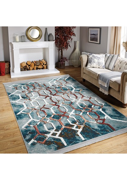Mavi - Kırmızı Zeminde Kanvas Motifli Geometrik Desenli Modern Geometrik Dijital Baskılı Makinede Yıkanabilir Kaymaz Taban Saçaklı Halı modelleri