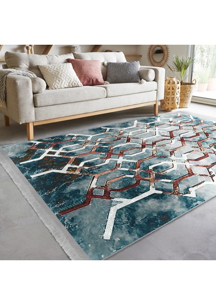 Mavi - Kırmızı Zeminde Kanvas Motifli Geometrik Desenli Modern Geometrik Dijital Baskılı Makinede Yıkanabilir Kaymaz Taban Saçaklı Halı indirimleri