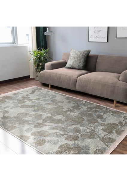 Krem - Kahverengi Zeminde Eskitme Motifli Örgü Desenli Floral Dijital Baskılı Makinede Yıkanabilir Kaymaz Taban Saçaklı Halı