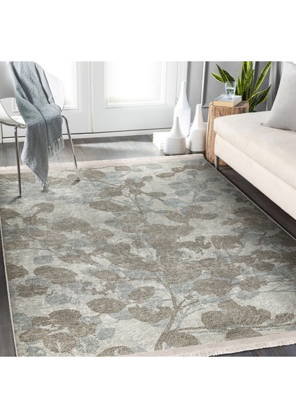Krem - Kahverengi Zeminde Eskitme Motifli Örgü Desenli Floral Dijital Baskılı Makinede Yıkanabilir Kaymaz Taban Saçaklı Halı modelleri