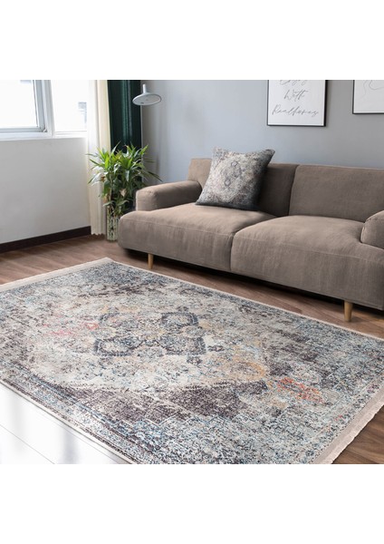 Krem Zeminde Antik Motifli Göbekli Halı Desenli Vintage Eskitme Motifli Dijital Baskılı Makinede Yıkanabilir Kaymaz Taban Saçaklı Halı