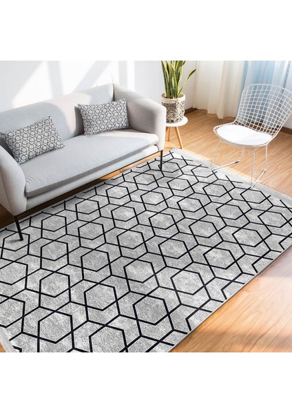 Gri Zeminde Siyah Geometrik Motifli Klasik Desenli Geometrik Dijital Baskılı Makinede Yıkanabilir Kaymaz Taban Saçaklı Halı fiyatları