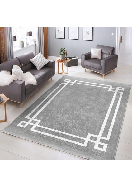 Gri Zeminde Modern Motifli Çerçeve Desenli Geometrik Dijital Baskılı Makinede Yıkanabilir Kaymaz Taban Saçaklı Halı fiyatları