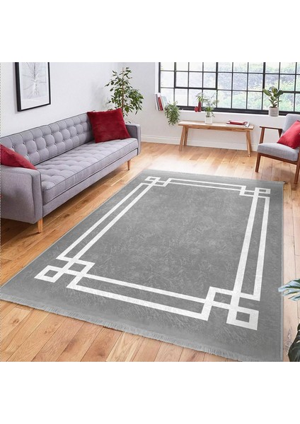Gri Zeminde Modern Motifli Çerçeve Desenli Geometrik Dijital Baskılı Makinede Yıkanabilir Kaymaz Taban Saçaklı Halı modelleri