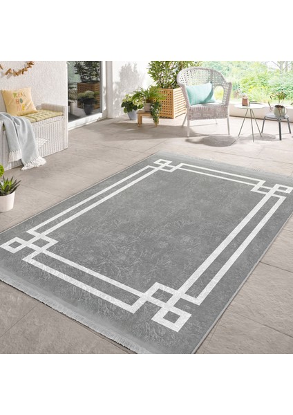Gri Zeminde Modern Motifli Çerçeve Desenli Geometrik Dijital Baskılı Makinede Yıkanabilir Kaymaz Taban Saçaklı Halı indirimleri