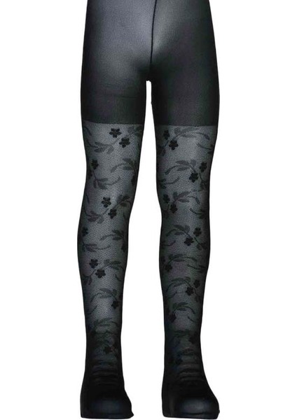 50 Den Tuğçe Desenli Mikro File Çocuk Külotlu Çorap Siyah 4 6