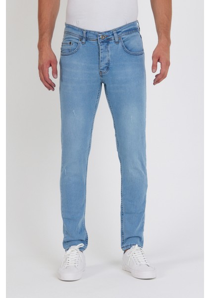 New Time Erkek Jeans Skinny Fit Likralı Buz Mavi Tırnaklı