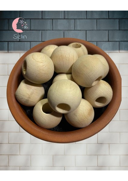 32MM Ham Ahşap Boncuk - 10 Adet -