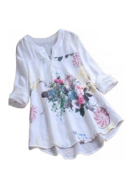 Yaz Moda Çiçek Baskı Pamuk Keten Bluz (Yurt Dışından)