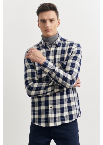Erkek Lacivert-bej Slim Fit Dar Kesim Düğmeli Yaka %100 Pamuk Kareli Oduncu Gömlek fırsatları