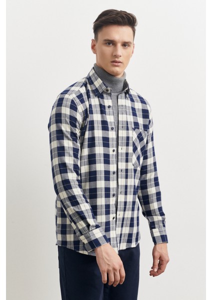 Erkek Lacivert-bej Slim Fit Dar Kesim Düğmeli Yaka %100 Pamuk Kareli Oduncu Gömlek indirimleri