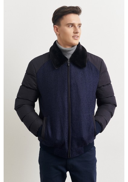 ALTINYILDIZ CLASSICS Erkek Lacivert Standart Fit Normal Kesim Kürklü Dik Yaka Mont