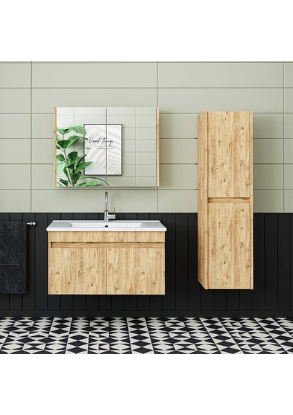 Lavabolu Atlantik Mat Mdf 85 cm Banyo Alt Dolap + Aynalı Üst Dolap + Boy Dolap