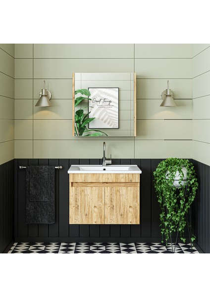 Lavabolu Atlantik Mat Mdf 65 cm Banyo Alt Dolap + Aynalı Üst Dolap