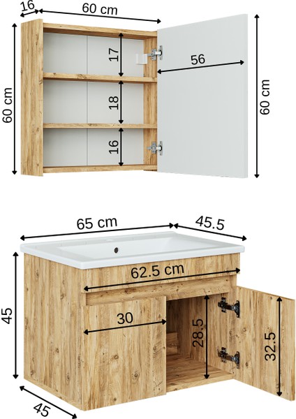 Lavabolu Atlantik Mat Mdf 65 cm Banyo Alt Dolap + Aynalı Üst Dolap indirimleri