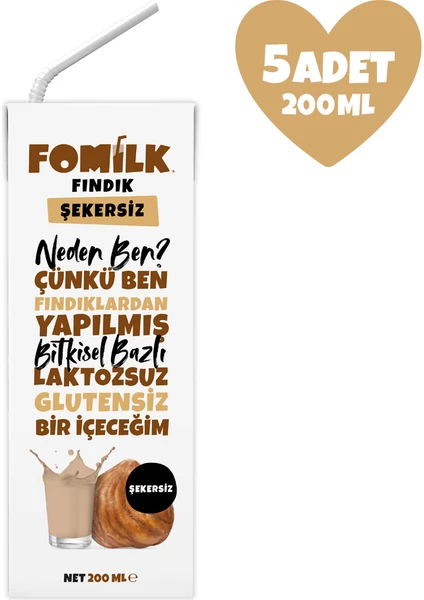 Fındık Sütü 200 Ml X5 Glutensiz Bitkisel Bazlı Laktozsuz Vegan Şekersiz