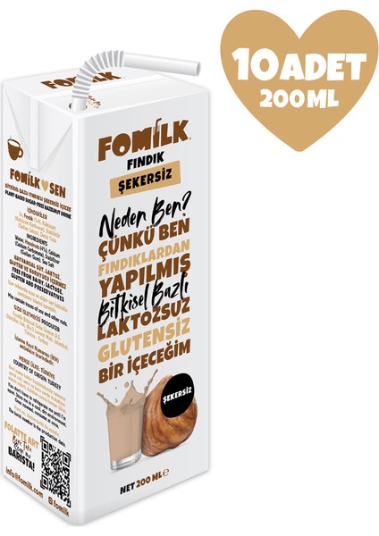 Fındık Sütü 200 Ml X10 Glutensiz Bitkisel Bazlı Laktozsuz Vegan Şekersiz