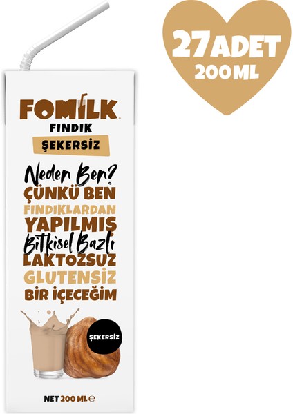 Fındık Sütü 200 Ml X27 Glutensiz Bitkisel Bazlı Laktozsuz Vegan Şekersiz