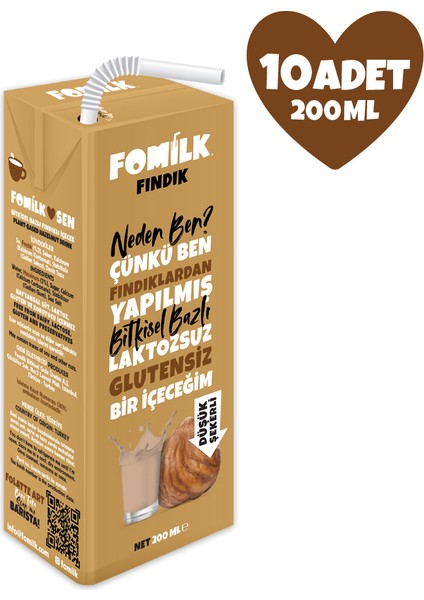 Fındık Sütü 200 Ml X10 Glutensiz Bitkisel Bazlı Laktozsuz Vegan