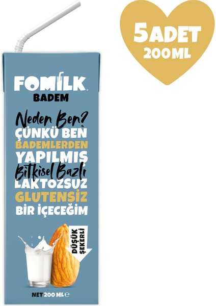 Badem Sütü 200 Ml X5 Glutensiz Bitkisel Bazlı Laktozsuz Vegan