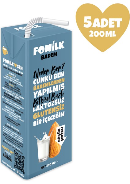 Badem Sütü 200 Ml X5 Glutensiz Bitkisel Bazlı Laktozsuz Vegan