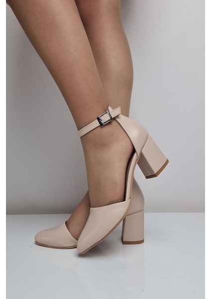 KY51 Bilekten Bağlı Kadın Kalın Topuklu Ayakkabı Bej