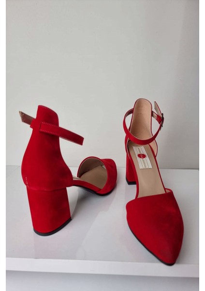 KY51 Bilekten Bağlı Kadın Kalın Topuklu Ayakkabı Kırmızı Süet fırsatları