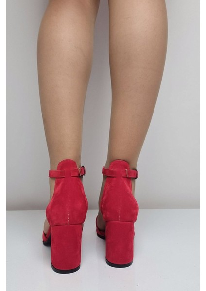 KY51 Bilekten Bağlı Kadın Kalın Topuklu Ayakkabı Kırmızı Süet indirimleri