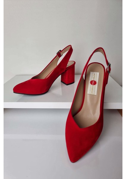 AY52 Bilekten Bağlı Kadın Kalın Topuklu Ayakkabı Kırmızı Süet fiyatları