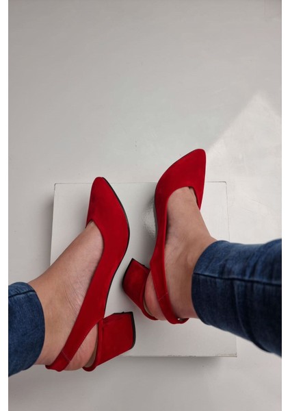 AY52 Bilekten Bağlı Kadın Kalın Topuklu Ayakkabı Kırmızı Süet modelleri