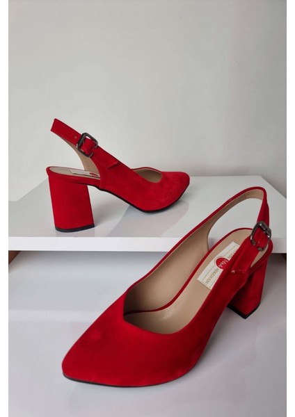 AY52 Bilekten Bağlı Kadın Kalın Topuklu Ayakkabı Kırmızı Süet indirimleri