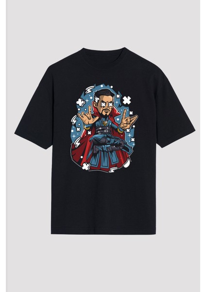 Dr Strange Baskılı Unisex Siyah Oversize Tişört