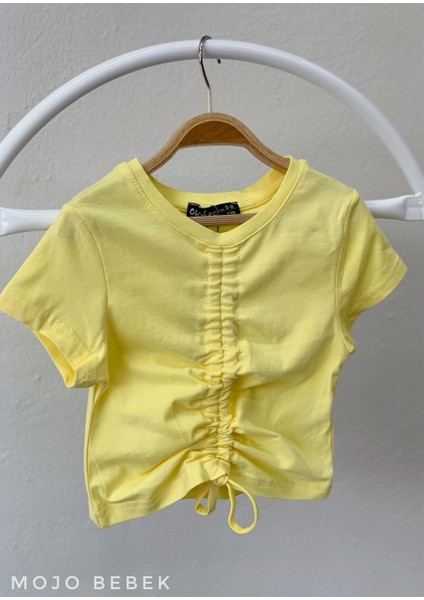 Kız Çocuk Büzgülü Kısa Kol T-Shirt 3309 Sarı
