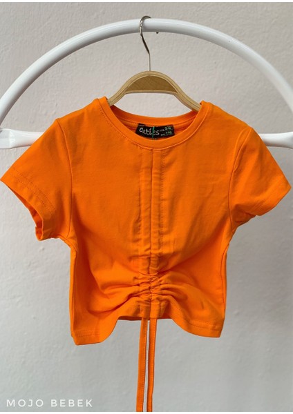 Kız Çocuk Büzgülü Kısa Kol T-Shirt 3309 Turuncu